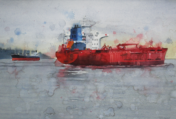 FREIGHTERS Watercolor and watercolor pencils on paper 15 22 38cm 56cm After - photo 5