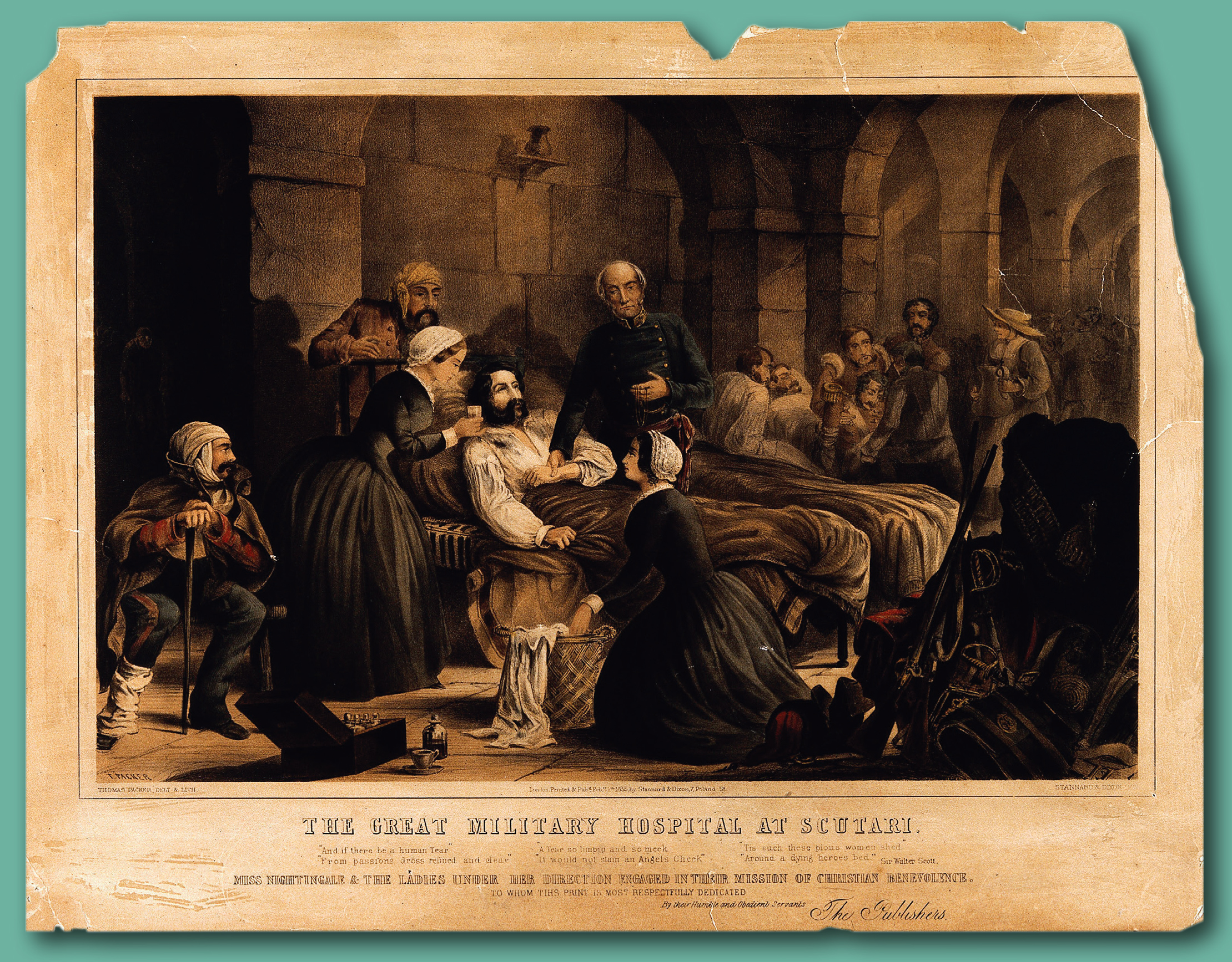 Florence Nightingale standing and another nurse comfort a dying soldier at - photo 1