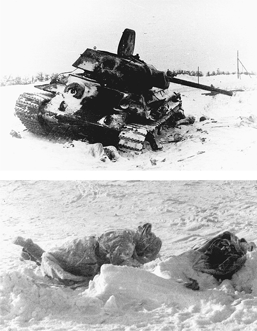 Knocked-out Russian T-34 tank with a dead body in front of it top and Russian - photo 4