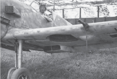 A pilot poses in his Messerschmitt Bf109E in a camouflaged dispersal pen c - photo 3