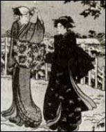 An early 19th century etching of a geisha and her servant Samurai outside - photo 8