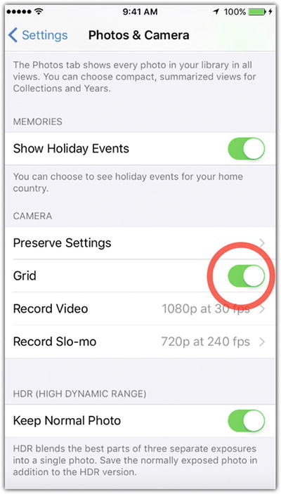 Figure 1-5 Activate the Grid setting from the Photos Camera settings - photo 5