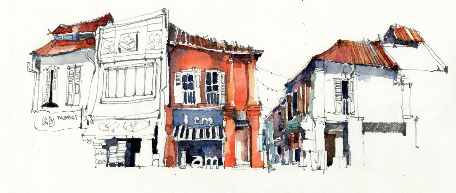 PAUL WANG Shophouses at Haji Lane Singapore 14 7 40 20 cm pencil and - photo 3