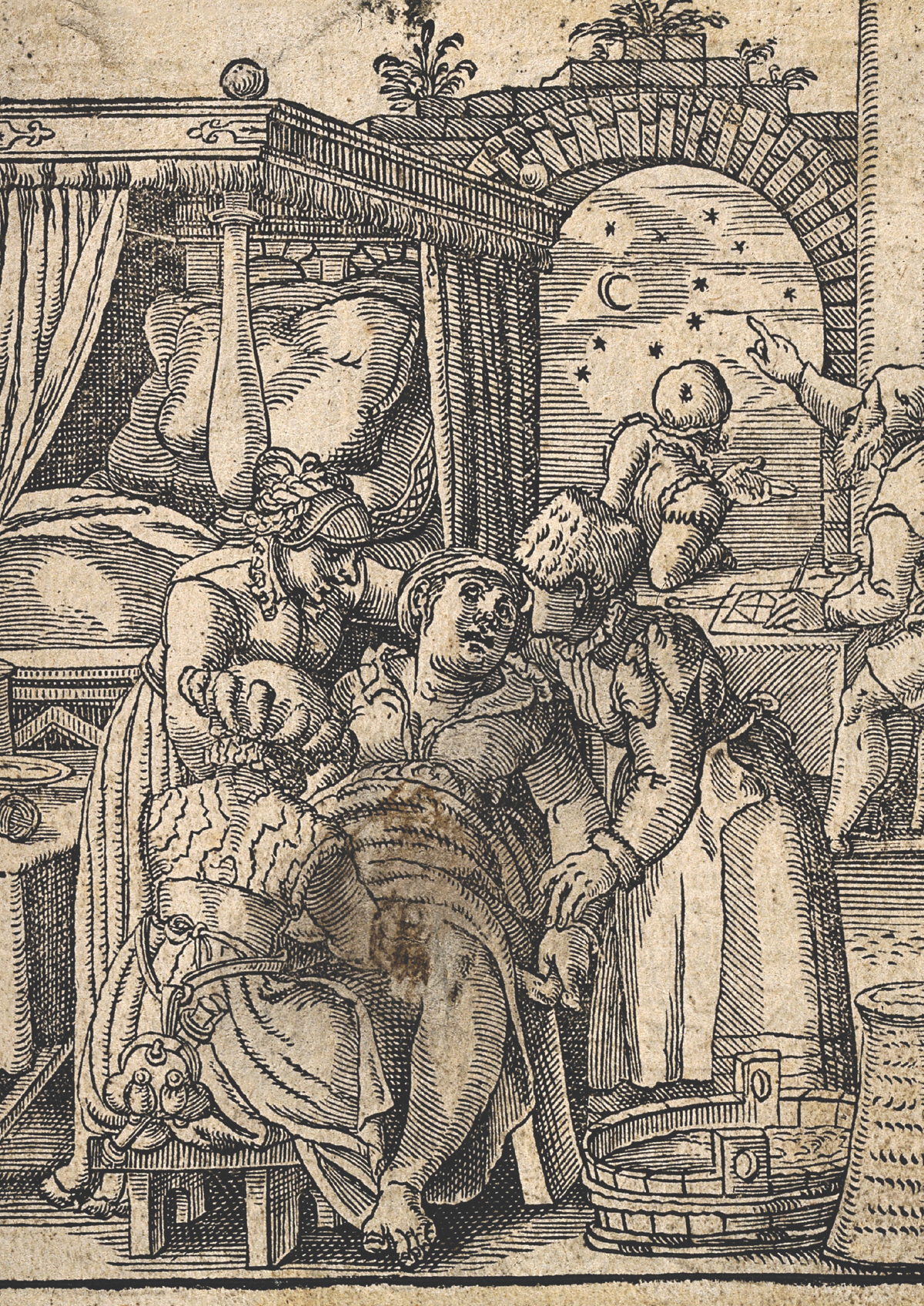 A seated woman giving birth aided by a midwife and two other attendants In the - photo 4