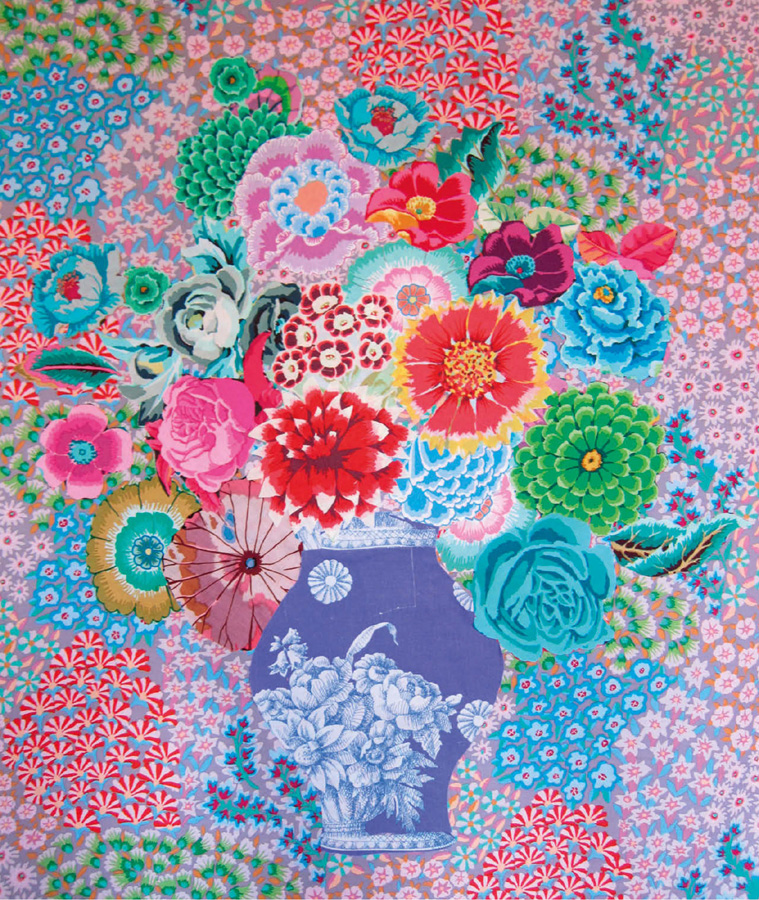 A fabric collage of my large florals cut and applied to a patterned background - photo 6