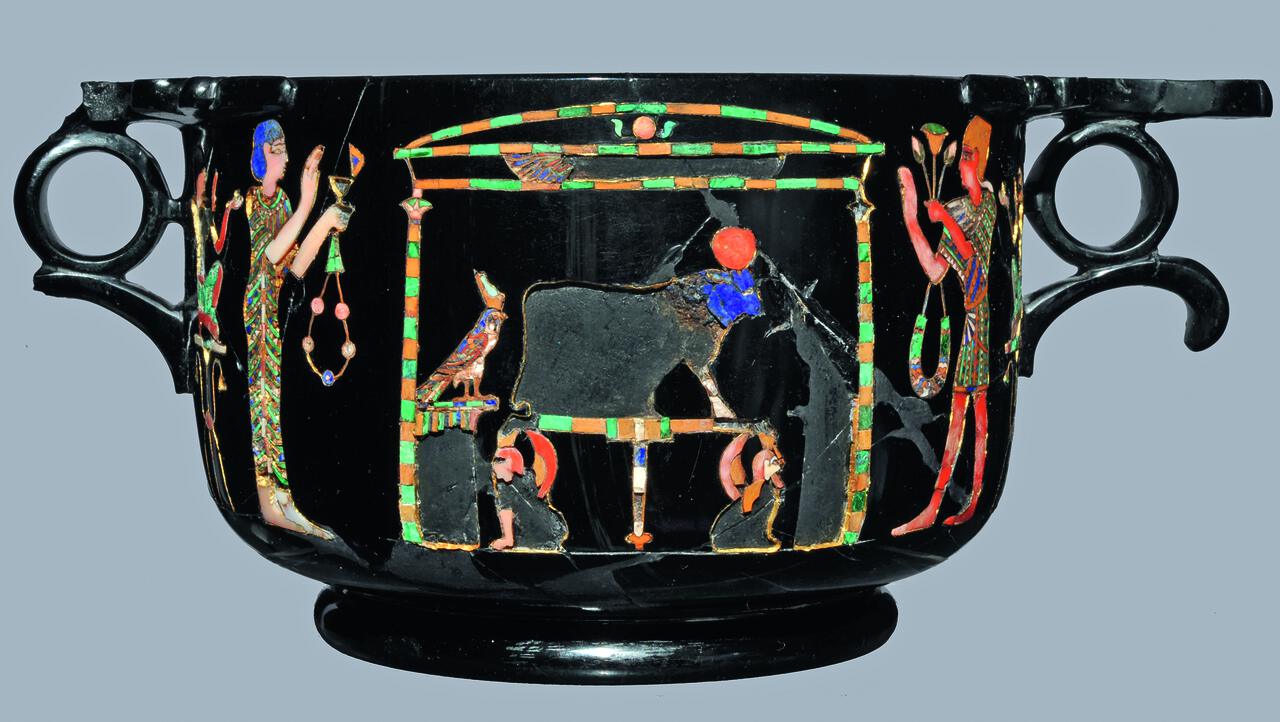 Fig 1 Obsidian skyphos with Egyptian figures inlaid with stone glass coral - photo 5