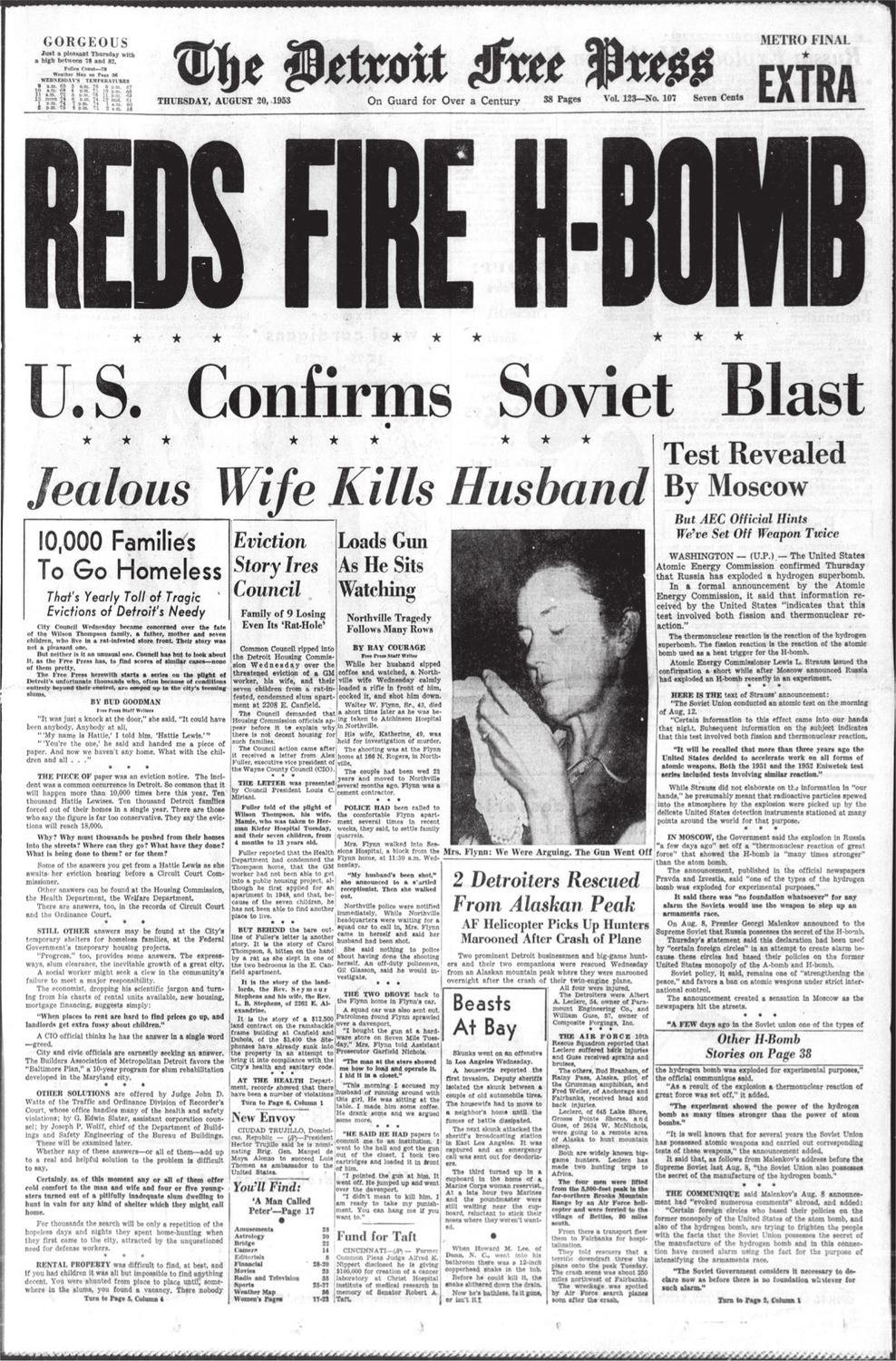 The Soviet H-bomb front page of the Detroit Free Press Thursday 20 August - photo 2