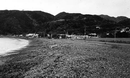 The stony shores of Hongoeka Bay residential area Marae complex at far end - photo 4