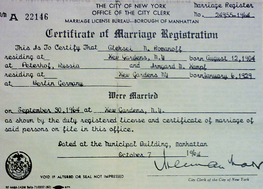 New York City Marriage Registration Certificate for Aleksei N Romanoff - photo 22