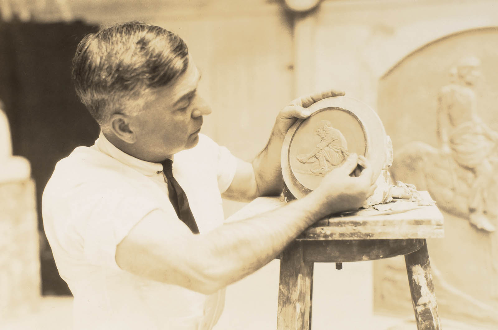 Mora designing a coin in clay ca 1925 Photograph by Lewis Josselyn - photo 6