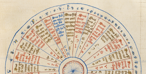 Portion of a text-heavy medieval circular chart from 1405 with sentences - photo 1