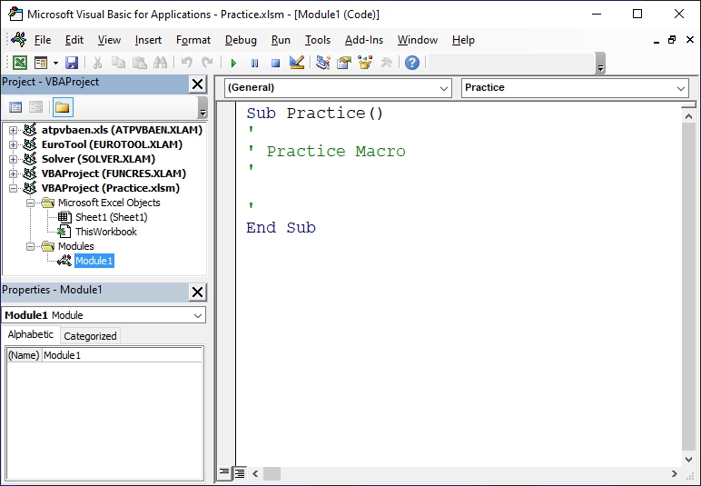 VBA editor inside the Module1 ready to start recording the Practice macro - photo 8