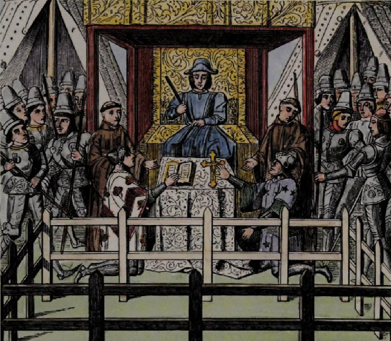 A plaintiff and a defendant kneel before the judge in a 15th- century court - photo 4