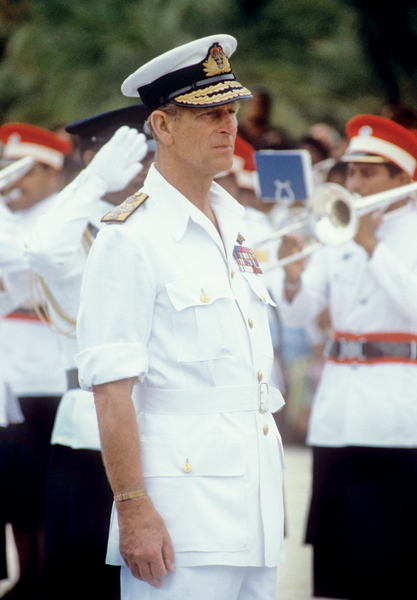 Navy whites are worn by Prince Philip during the Royal Salute at Kiribati on a - photo 2