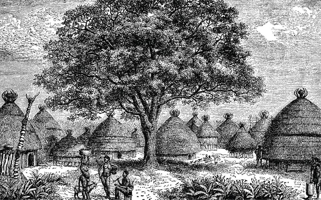 A 19th-century engraving of an Africa village with huts from a book titled The - photo 10