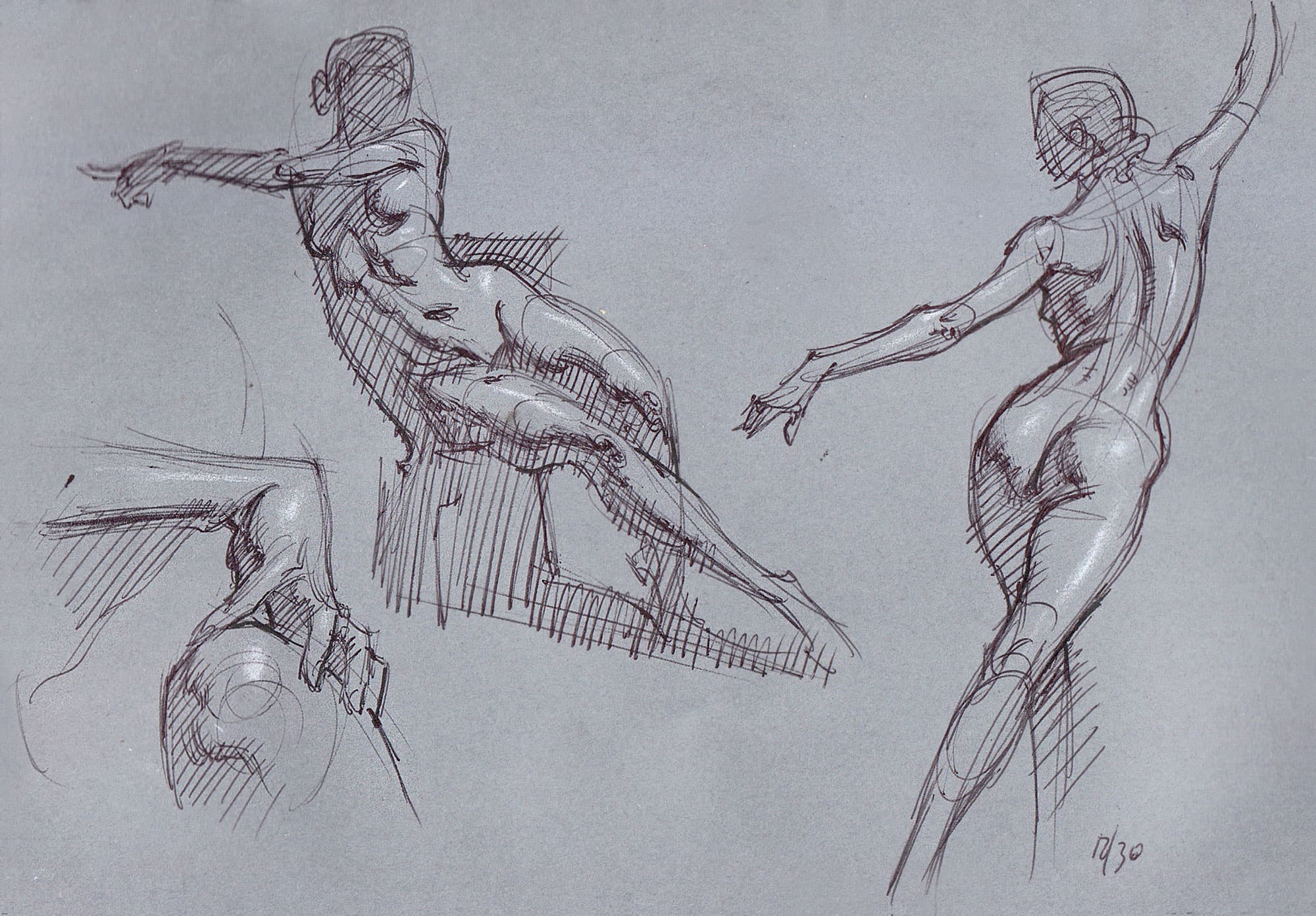 These five-minute poses done with pen and white pastel on toned paper are - photo 3