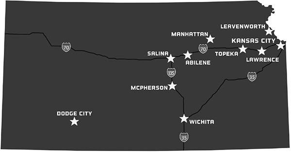 Kansas map locating ten of the cities featured prominently in state Cold War - photo 4