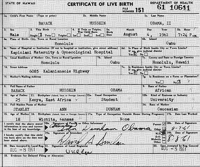 Figure 01 The birth certificate of Barack Hussein Obama President Obamas - photo 2