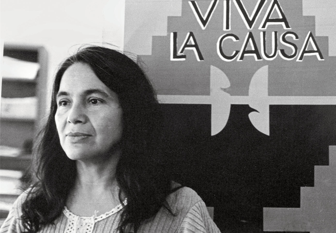 Dolores stands in front of the flag representing the United Farm Workers union - photo 4