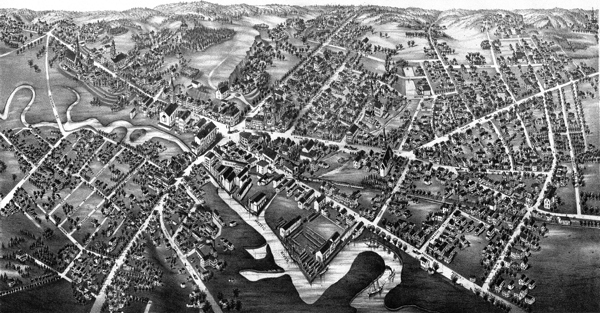 An 1880 birds-eye view map focuses on the major roads radiating out from the - photo 2