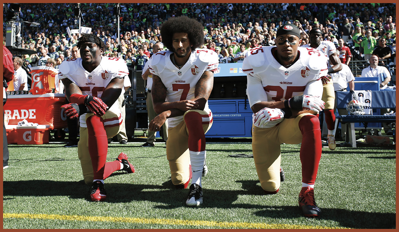 Eli Harold left Colin Kaepernick center and Eric Reid right kneeled - photo 7