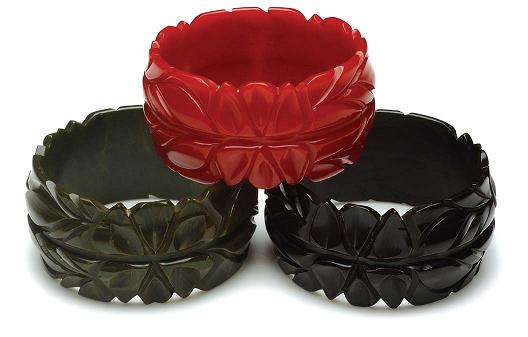 Carved Bakelite bangles from left marbeled green red and black 395 each - photo 14