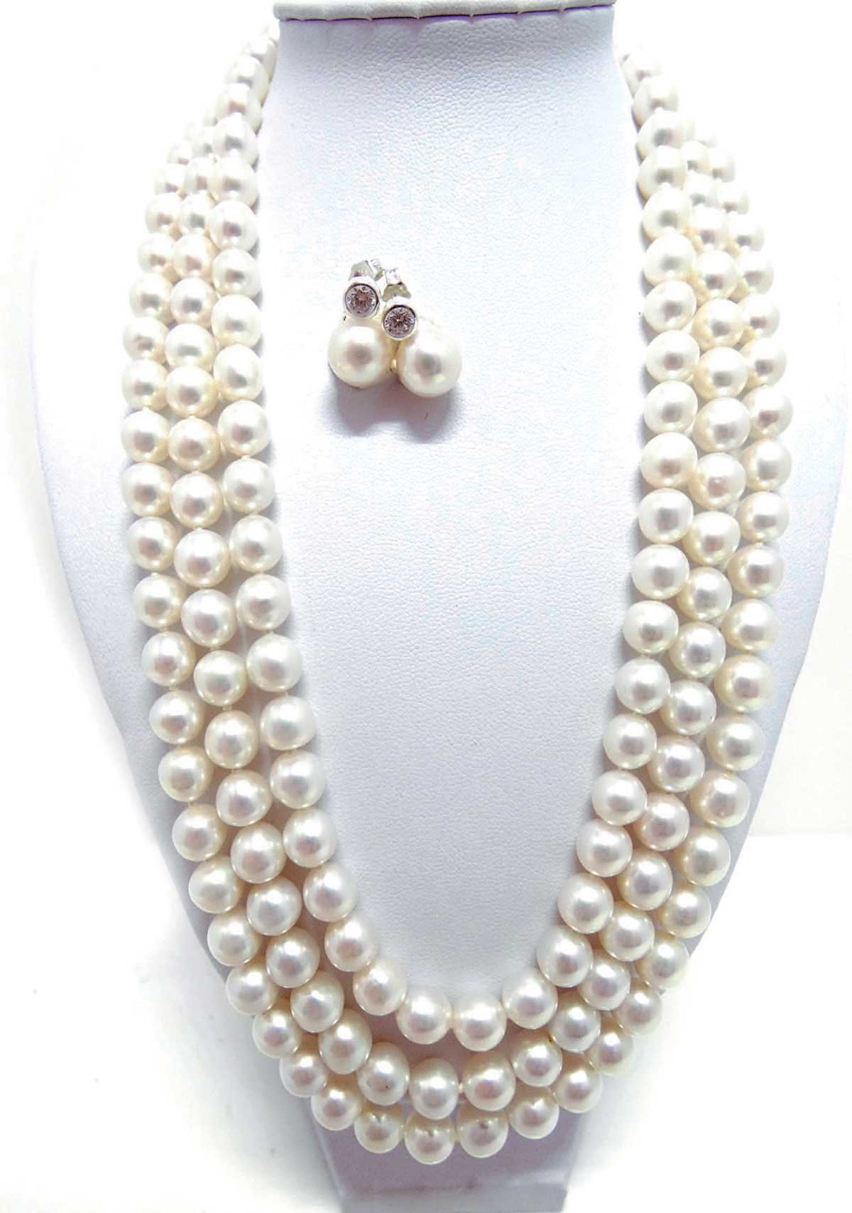 Three-strand necklace of white farmed all-nacre freshwater pearls with - photo 2