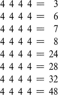 Add arithmetical symbols between the 4s to make every equation true - photo 9