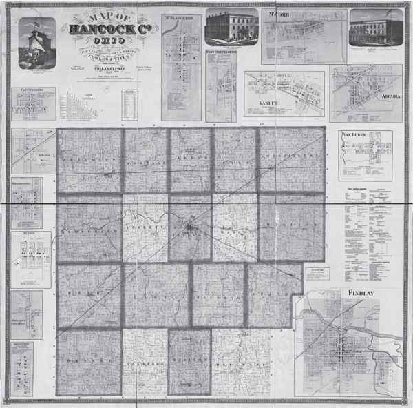 An 1863 map of Hancock County Ohio depicts the seventeen townships and many - photo 4