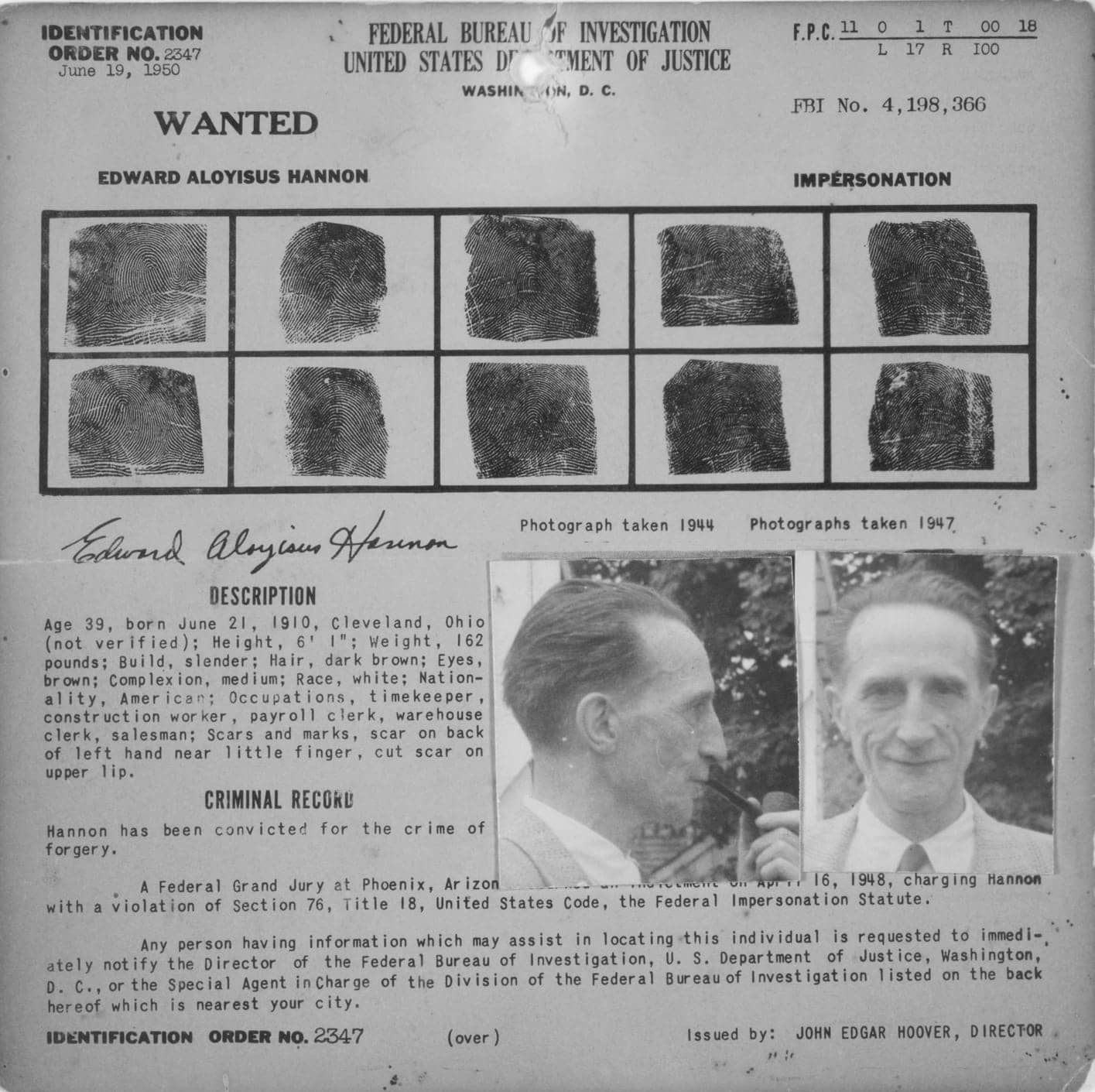 Frontispiece Julien Levy FBI Wanted Notice Edward Aloyisus Hannon Marcel - photo 3