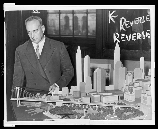 Robert Moses with a model of the proposed Battery Bridge Source The Library - photo 2