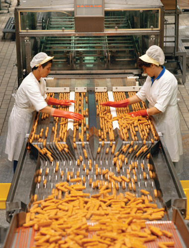 These workers are arranging fish sticks into rows at a food-processing factory - photo 2