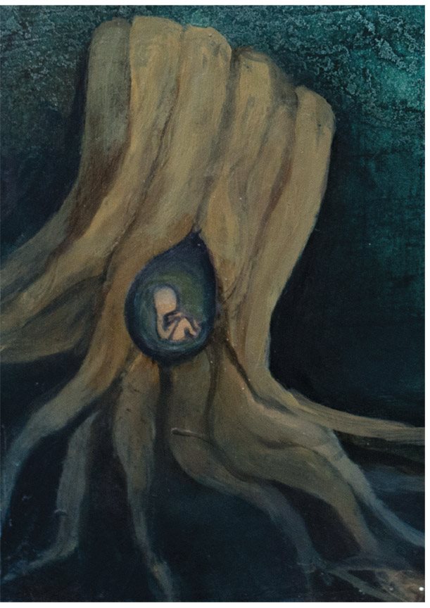 This painting shows a tree stump against a dark blue almost black background - photo 3