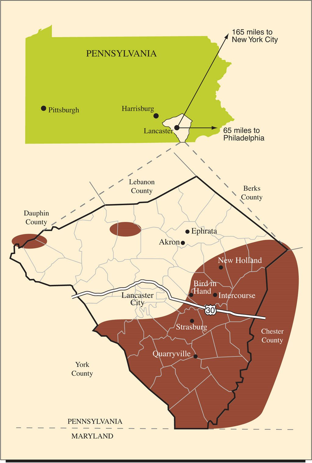 The Lancaster Amish settlement concentrated in the dark areas on the map - photo 7