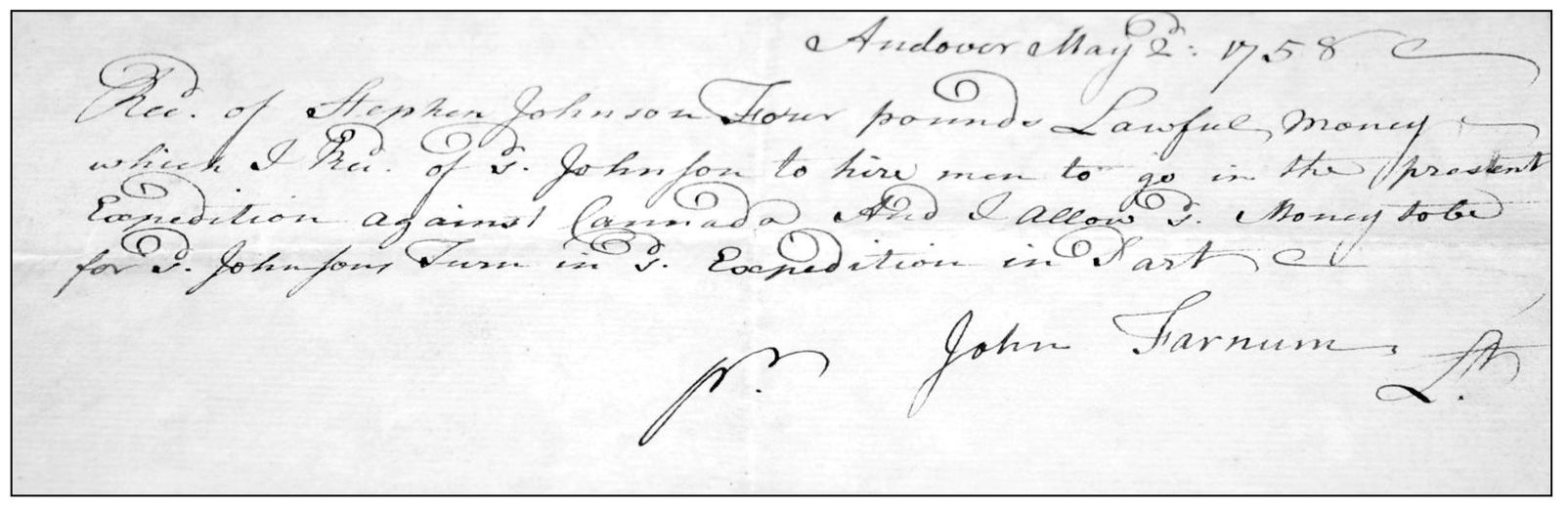 This receipt reads in part Andover May 2 1758 Received of Stephen Johnson - photo 6