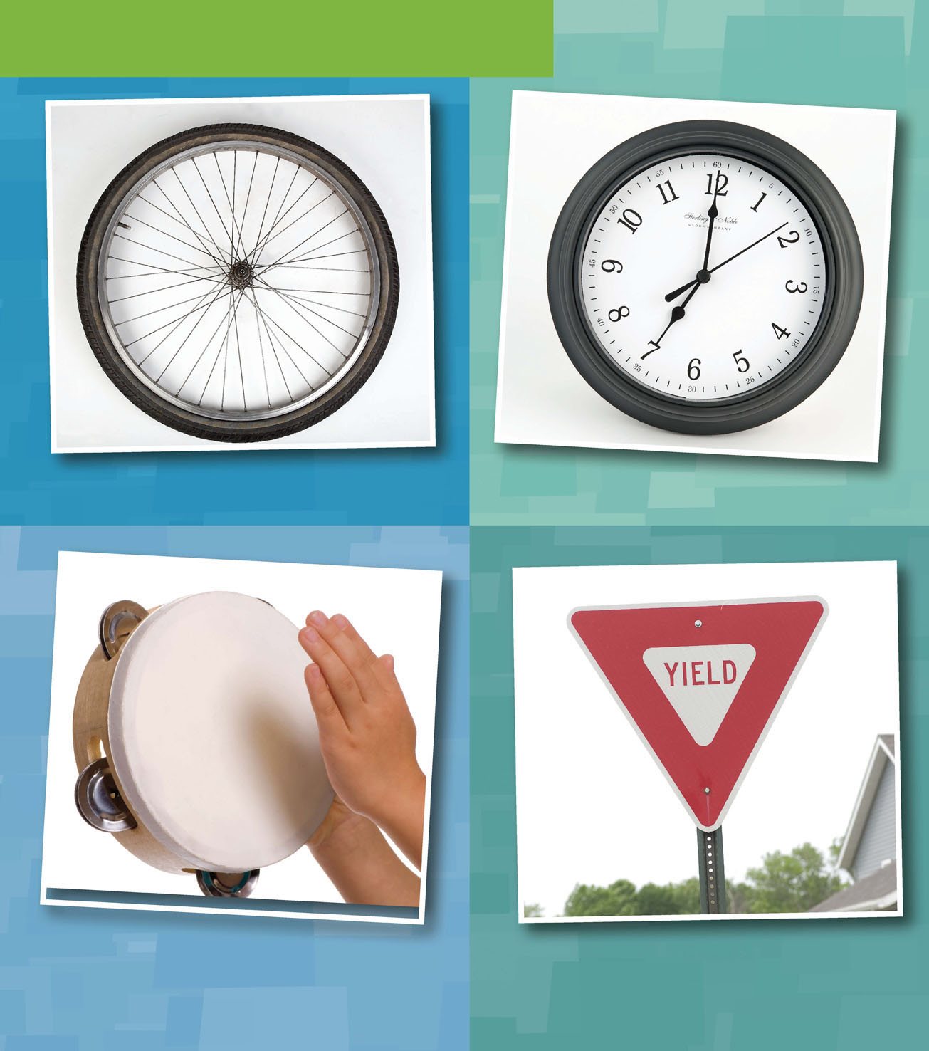 Which is not alike bicycle tire clock face tambourine yield sign - photo 11