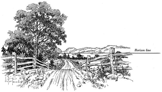 The problem presented by this ink drawing of a road going down hill below the - photo 21