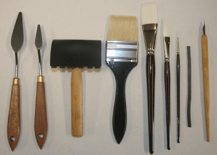 Brushes and equipment from the left large and small palette knives wood - photo 1