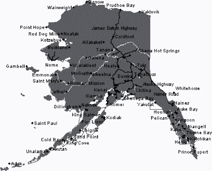 Map of the State of Alaska with locations of cities and largest villages Black - photo 1