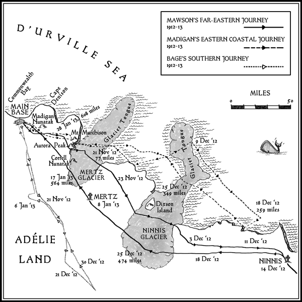 A map of the competing journeys by Mawson Madigan and Bage as they raced to - photo 6