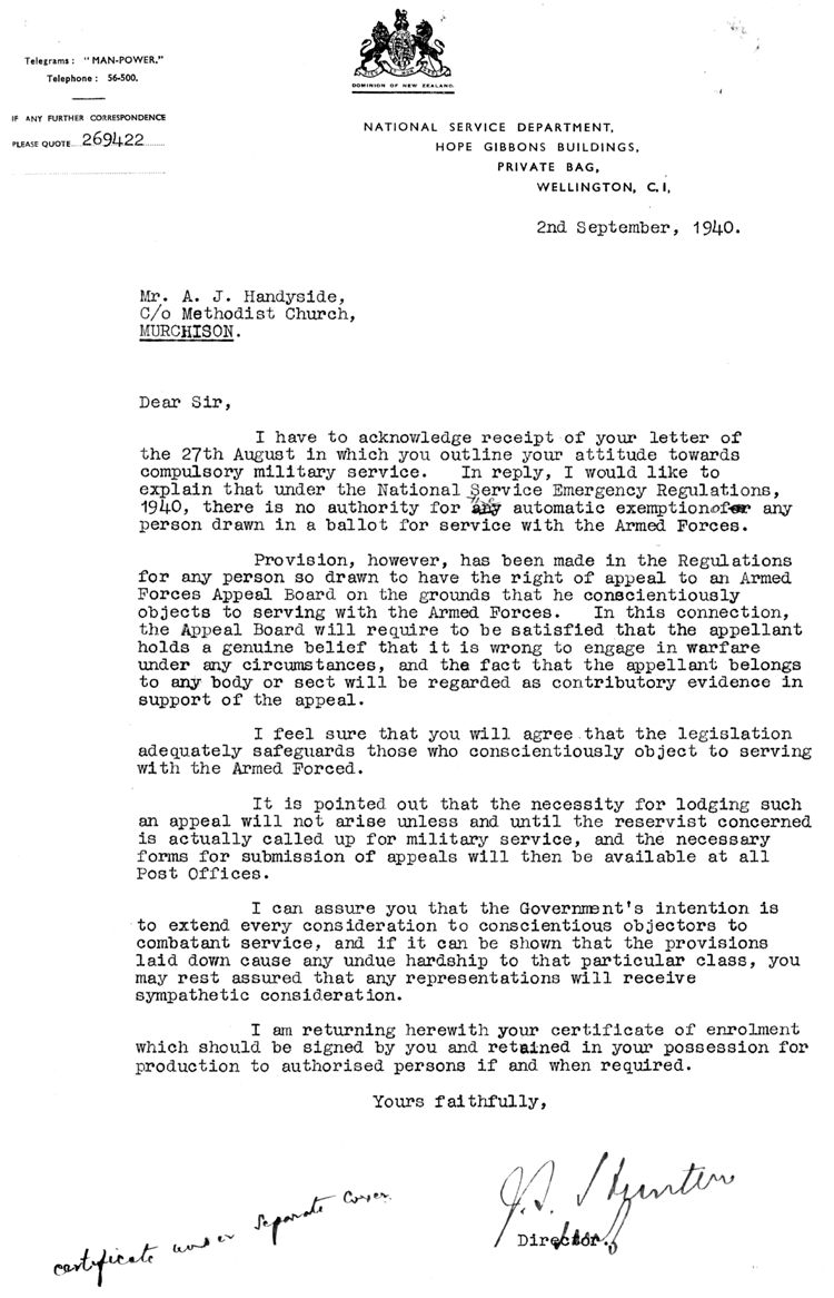 Letter from Director of National Service responding to a letter from Handyside - photo 4