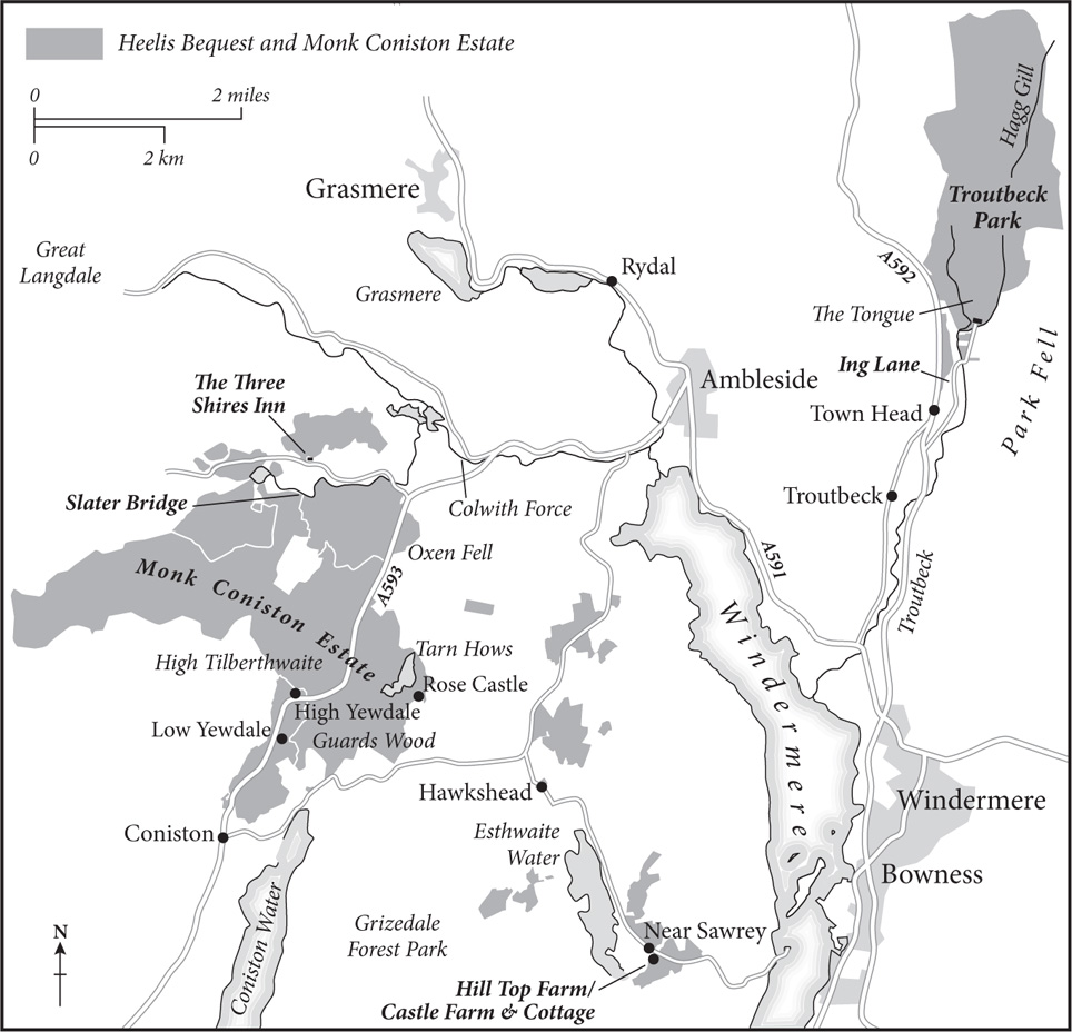 Map showing much of the land Beatrix Potter bequeathed to the National Trust or - photo 4