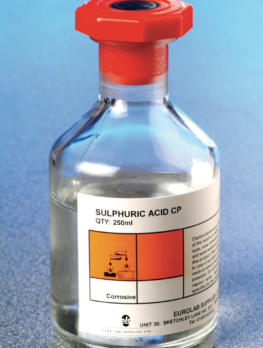 This bottle of sulfuric acid comes with a hazard label warning stating that its - photo 4