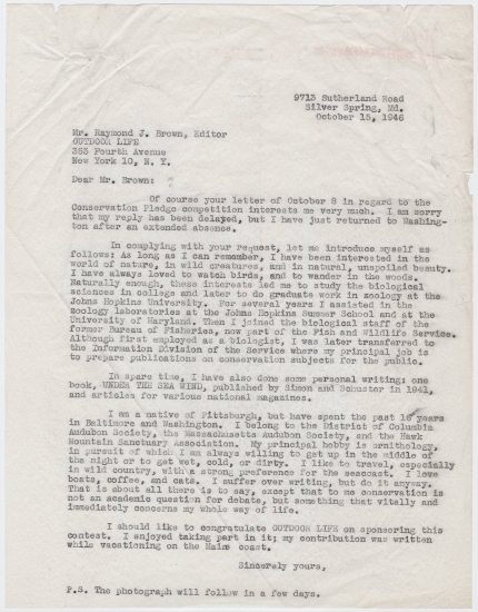 A letter from Carson to Raymond J Brown editor of Outdoor Life written in - photo 5