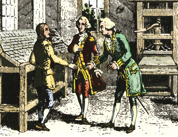 This hand-colored woodcut shows the day Governor Keith came to see Ben Franklin - photo 6