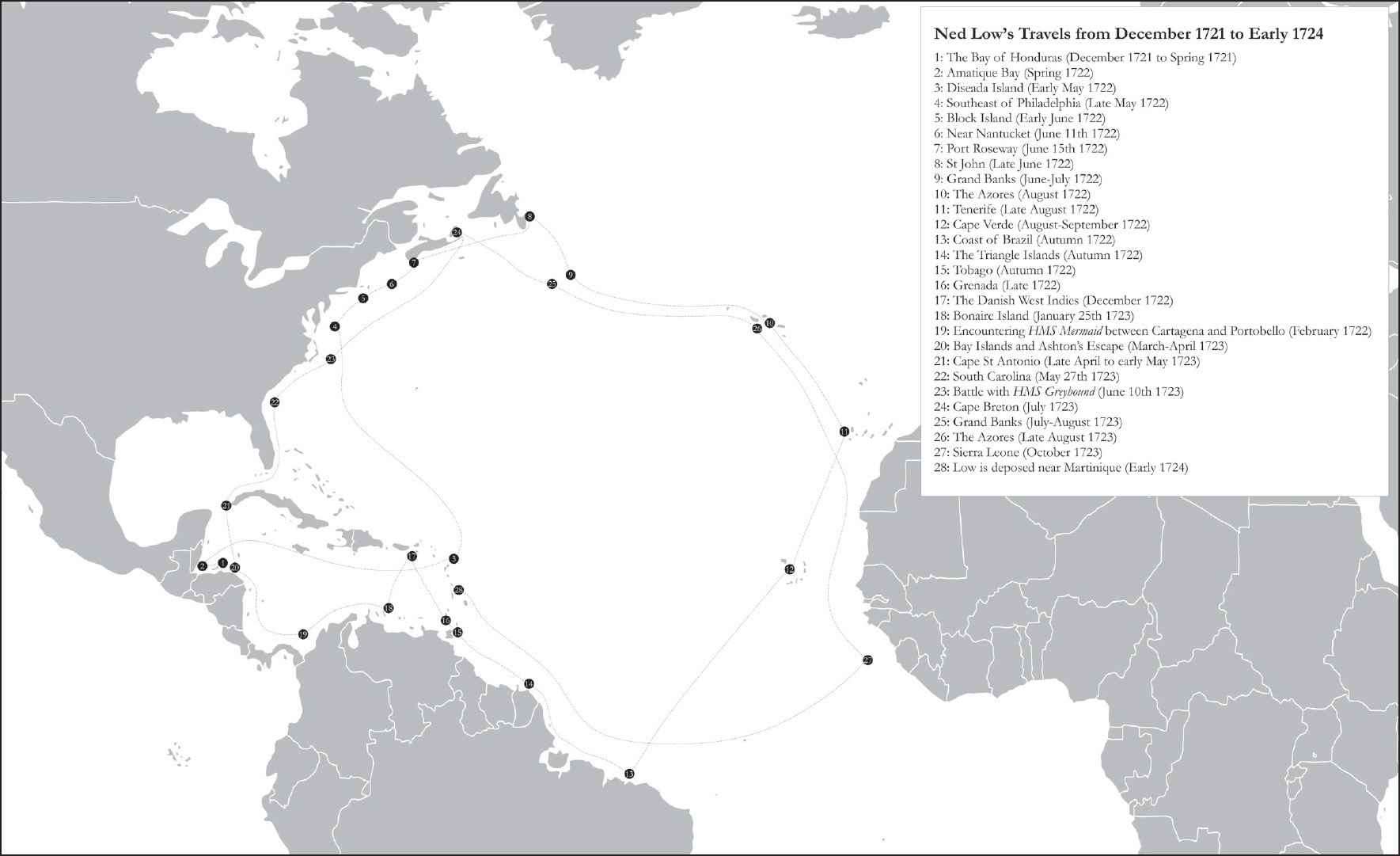 Map detailing the travels of Ned Low from his initial mutiny in the Bay of - photo 3