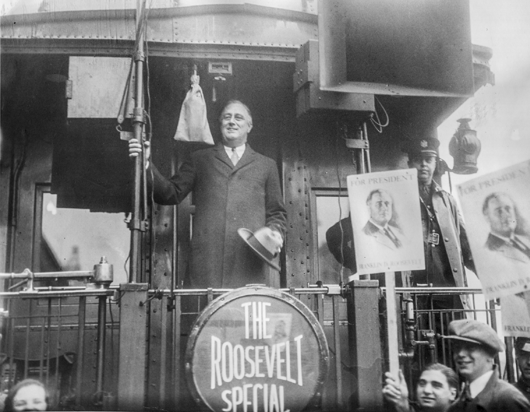 Franklin Delano Roosevelt giving a speech from the rear platform of the - photo 2