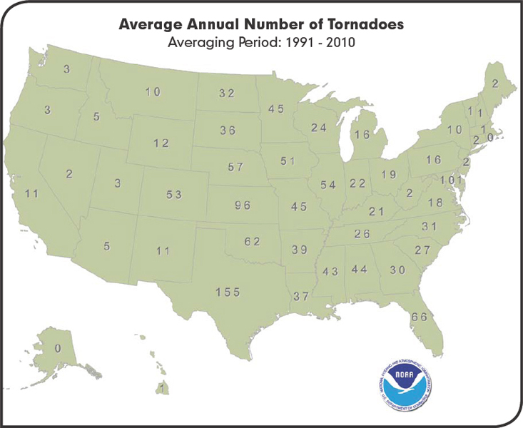 The largest number of tornadoes occur through the central US between the Rocky - photo 7