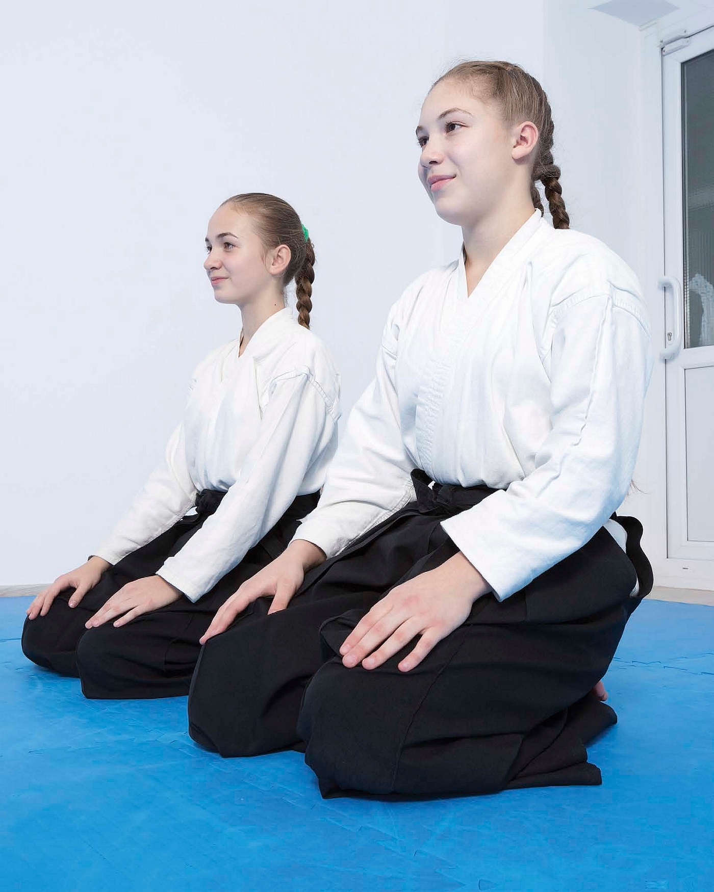 Students wearing aikido gis sit in seiza or a seated position before starting - photo 6