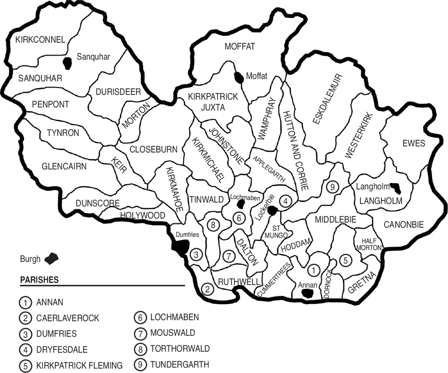 Sketch map of Dumfriesshire parish boundaries and burghs The major centre of - photo 2